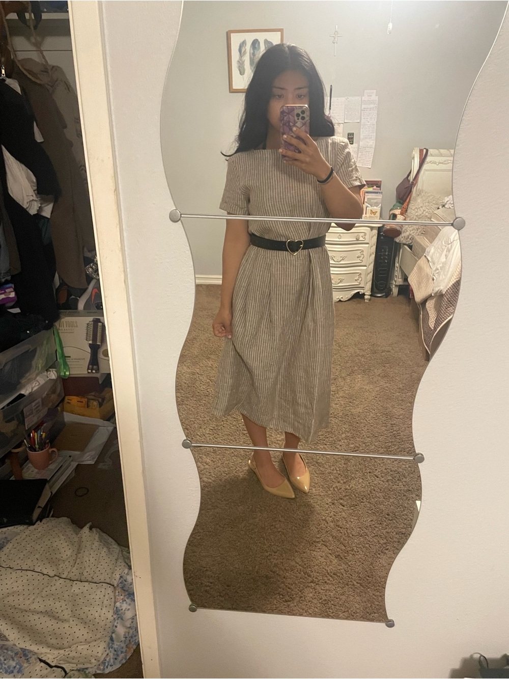 Linen Striped Short-Sleeve Midi Dress in Beige